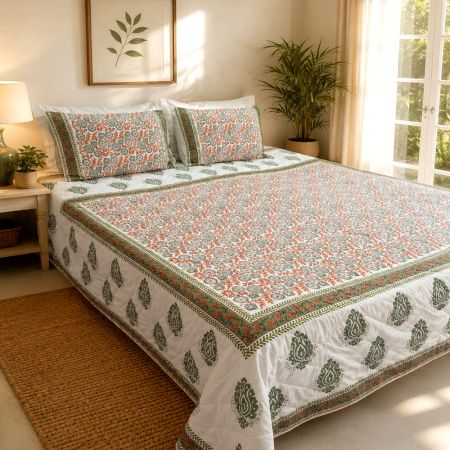 Handmade Orange Jaal Mulmul Cotton Quilted Double Bedcover